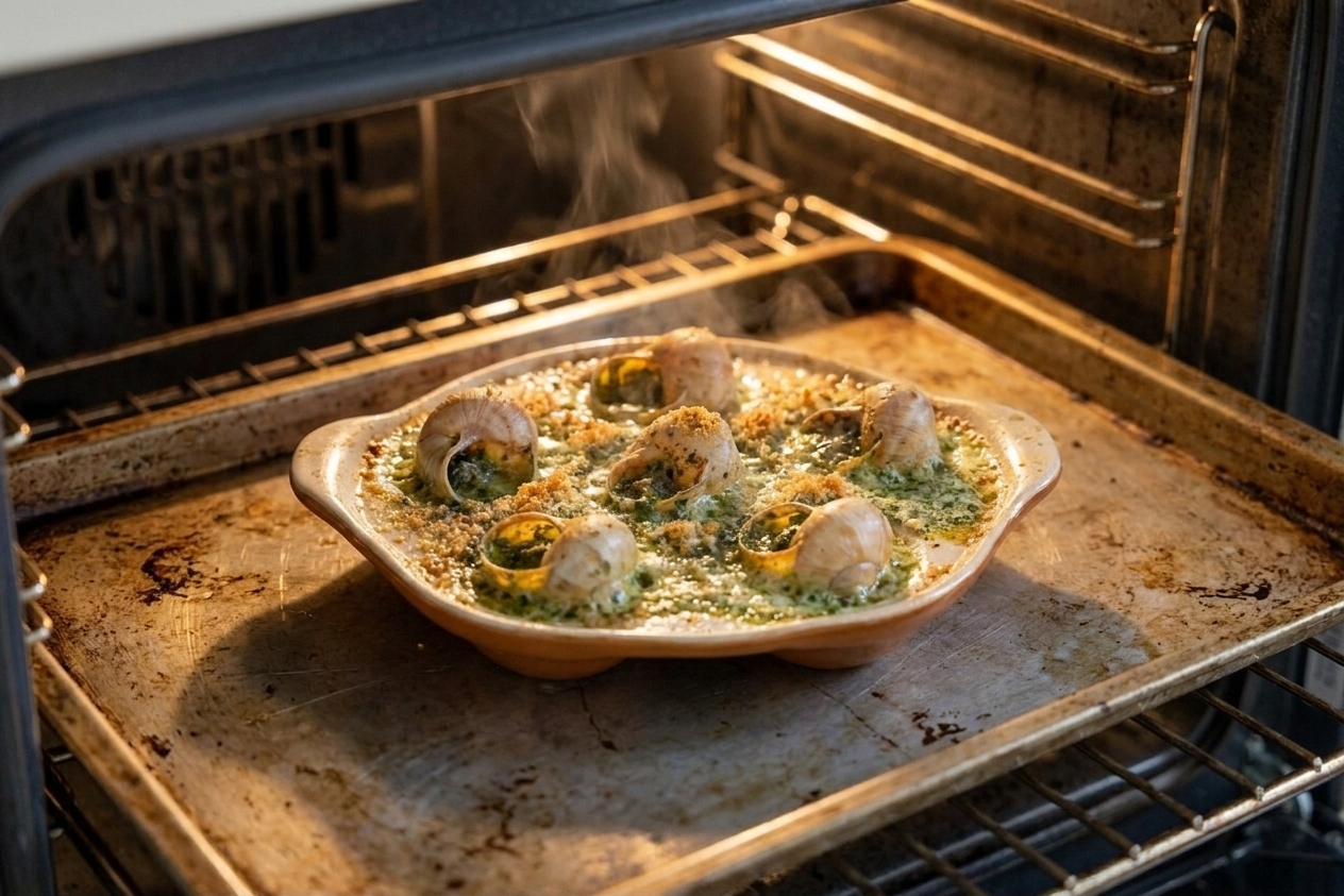 An escargot dish on a baking sheet in an oven with garlic butter bubbling and lightly browned on top
