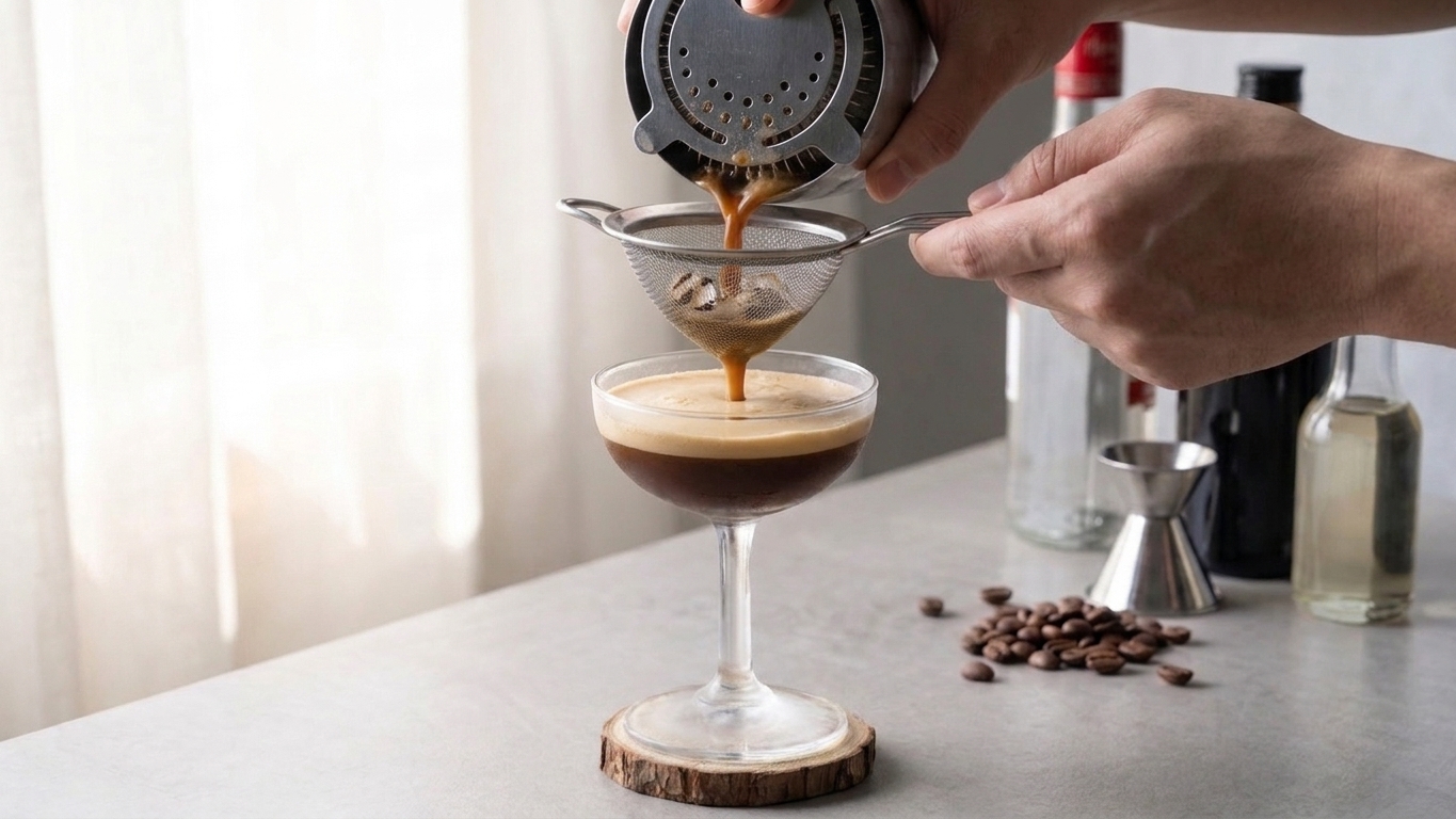 An espresso martini being fine strained from a shaker into a chilled coupe glass, with creamy foam forming on top