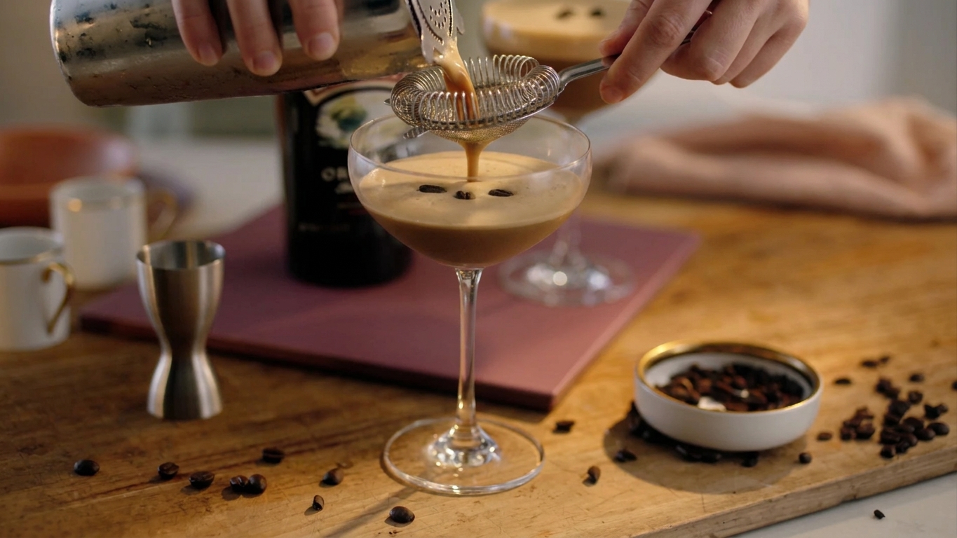 An espresso martini being strained from a shaker into a chilled coupe glass, forming a thick coffee foam on top