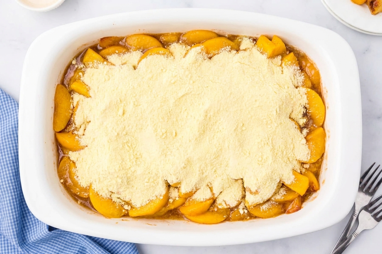 An even layer of dry yellow cake mix sprinkled over peaches in a rectangular baking dish