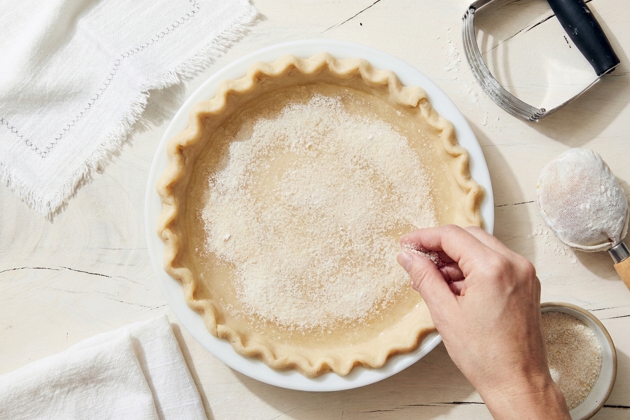 An even layer of sugar and flour mixture sprinkled over water inside an unbaked pie crust, creating a pale sandy surface