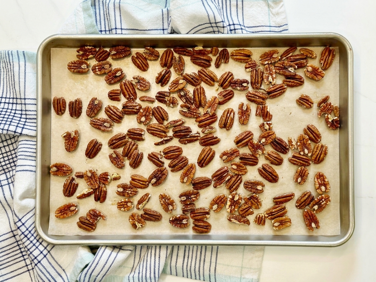 An even single layer of buttered pecans spread across a parchment-lined rimmed baking sheet on a kitchen counter