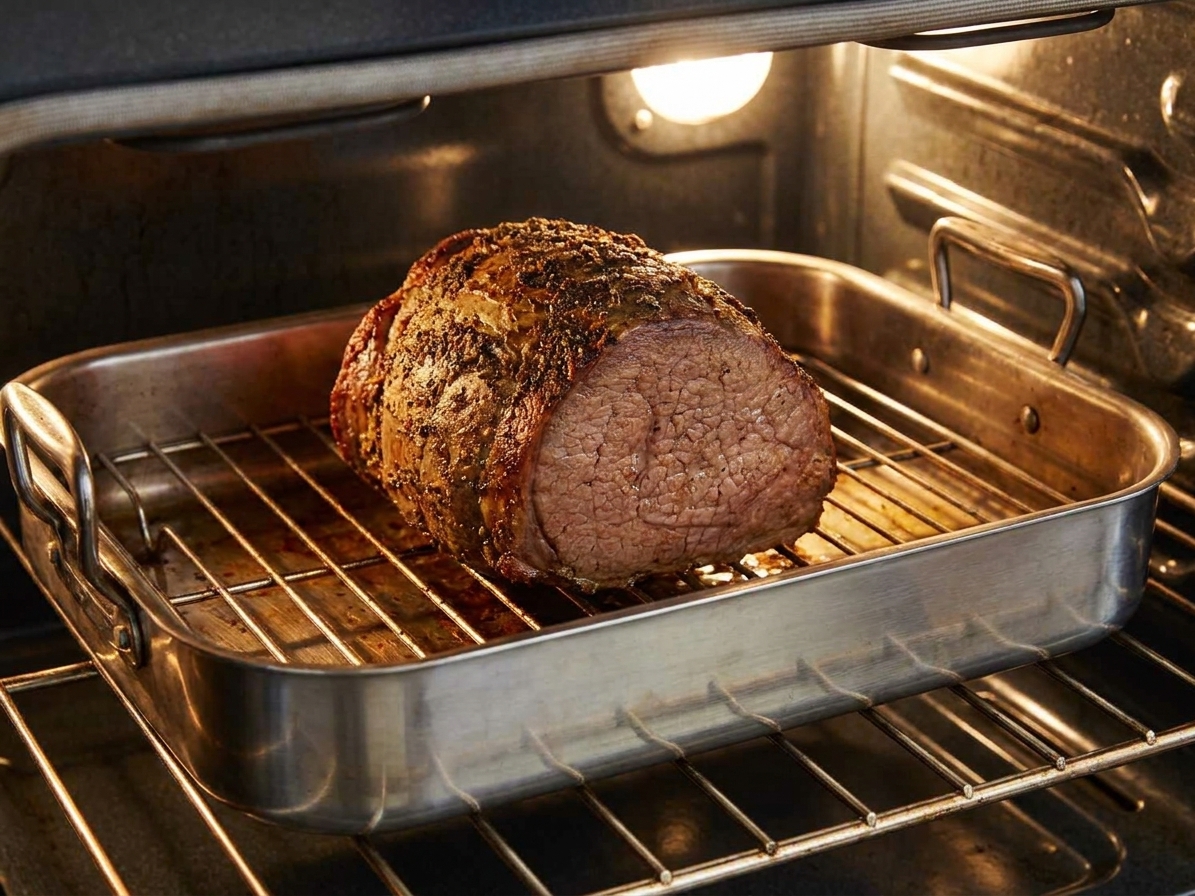 An eye of round roast on a rack in a roasting pan inside an oven with browned edges forming