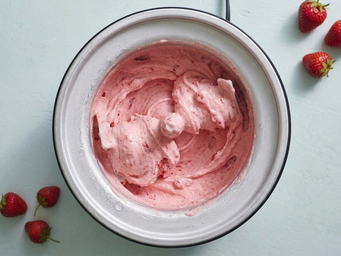 An ice cream maker churning a pale pink strawberry base as it thickens to soft serve