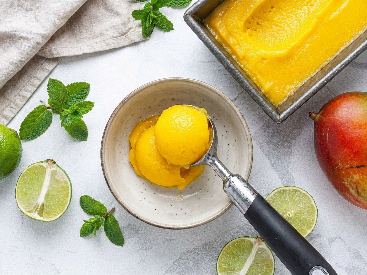 An ice cream scoop lifting mango sorbet into a chilled bowl