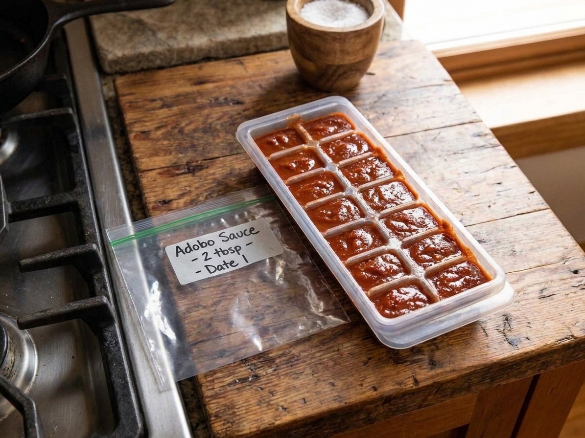 An ice cube tray filled with portioned deep red adobo sauce on a kitchen counter next to a labeled freezer bag