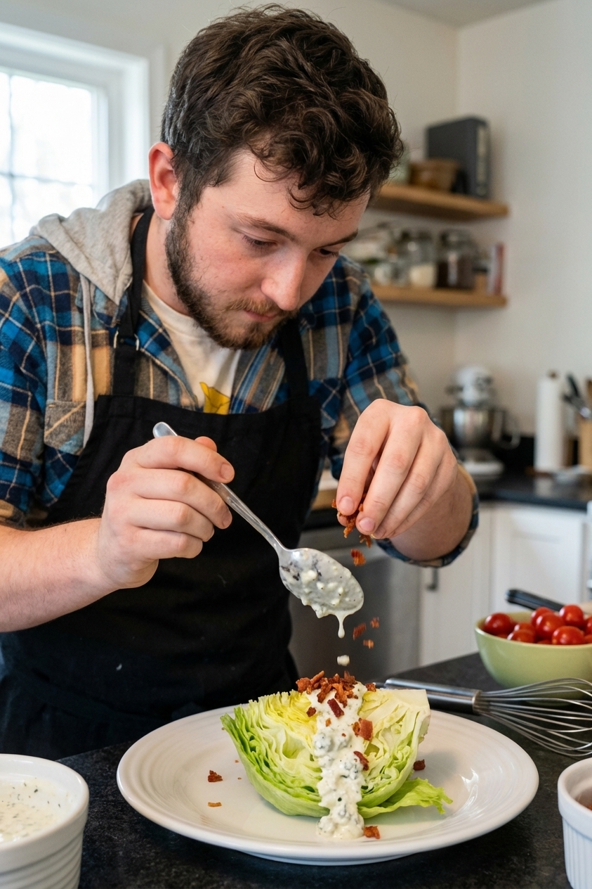 An iceberg lettuce wedge being plated on a white plate with a spoonful of chunky blue cheese dressing and bacon crumbles being sprinkled on top, close-up kitchen action photo