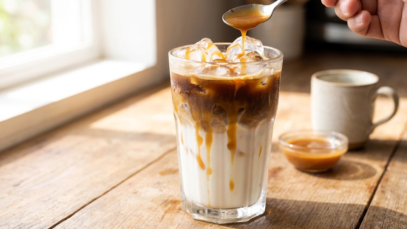 An iced caramel macchiato in a tall clear glass with ice cubes, milk at the bottom, espresso layer on top, and caramel drizzle, on a bright kitchen counter