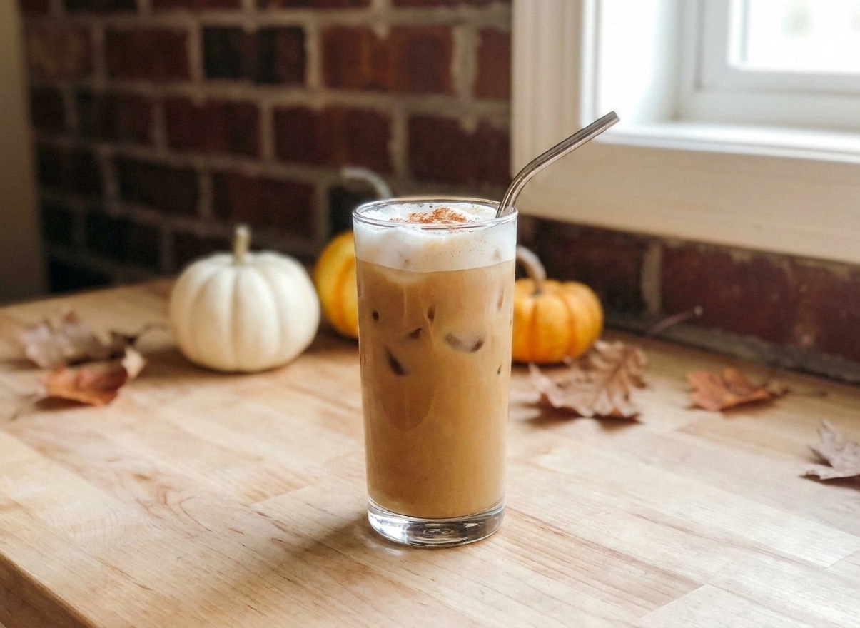 An iced pumpkin latte in a clear glass with ice cubes and a light layer of foam on top on a wooden kitchen counter