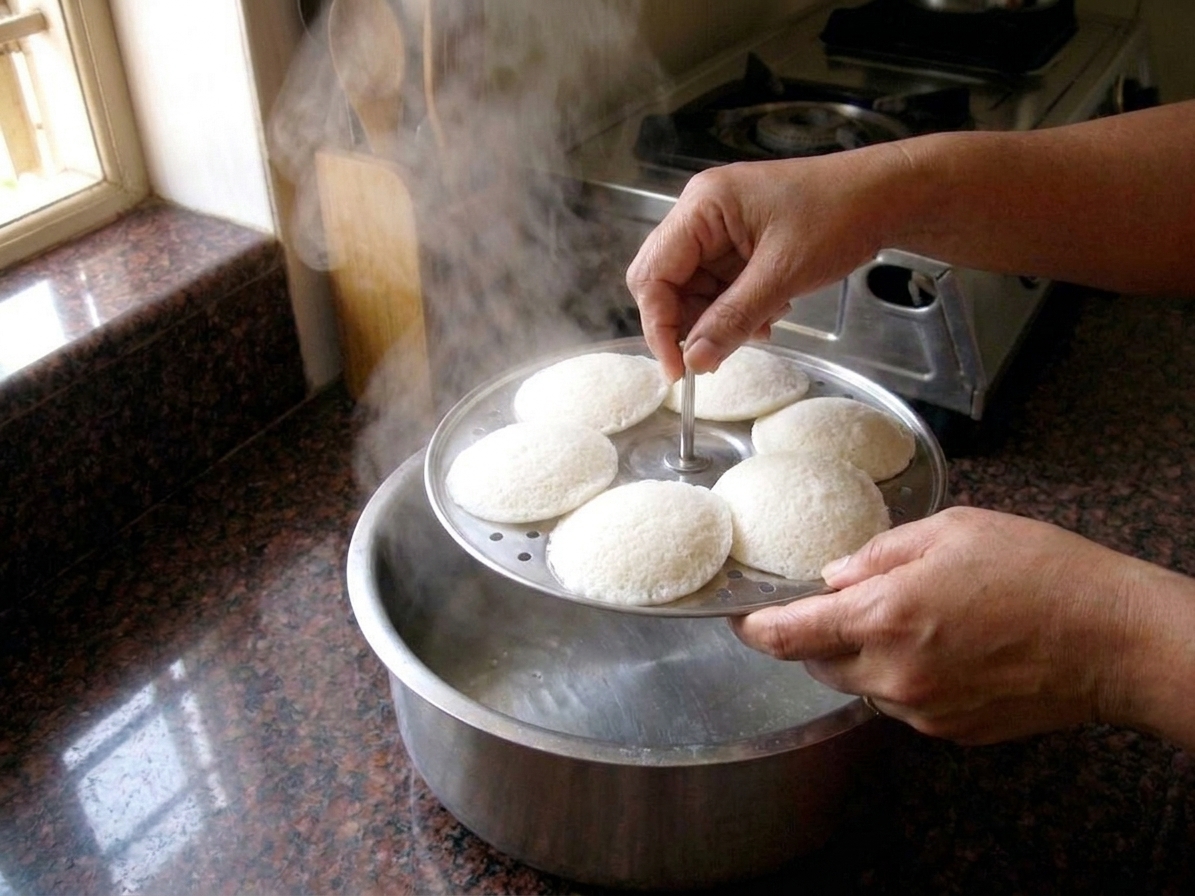 An idli stand inside a steamer pot with steam rising as the lid is lifted in a home kitchen