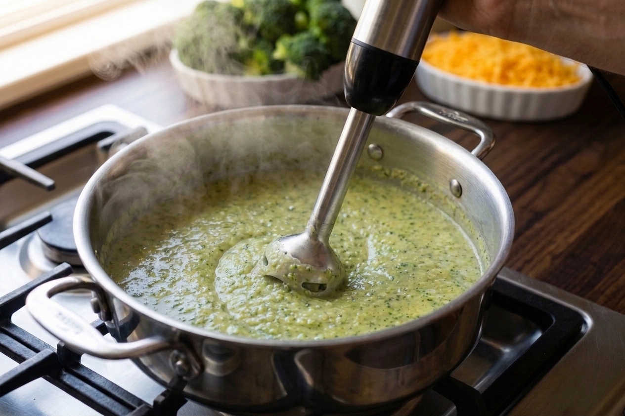 An immersion blender being used in a pot of broccoli soup on a stovetop, with steam rising