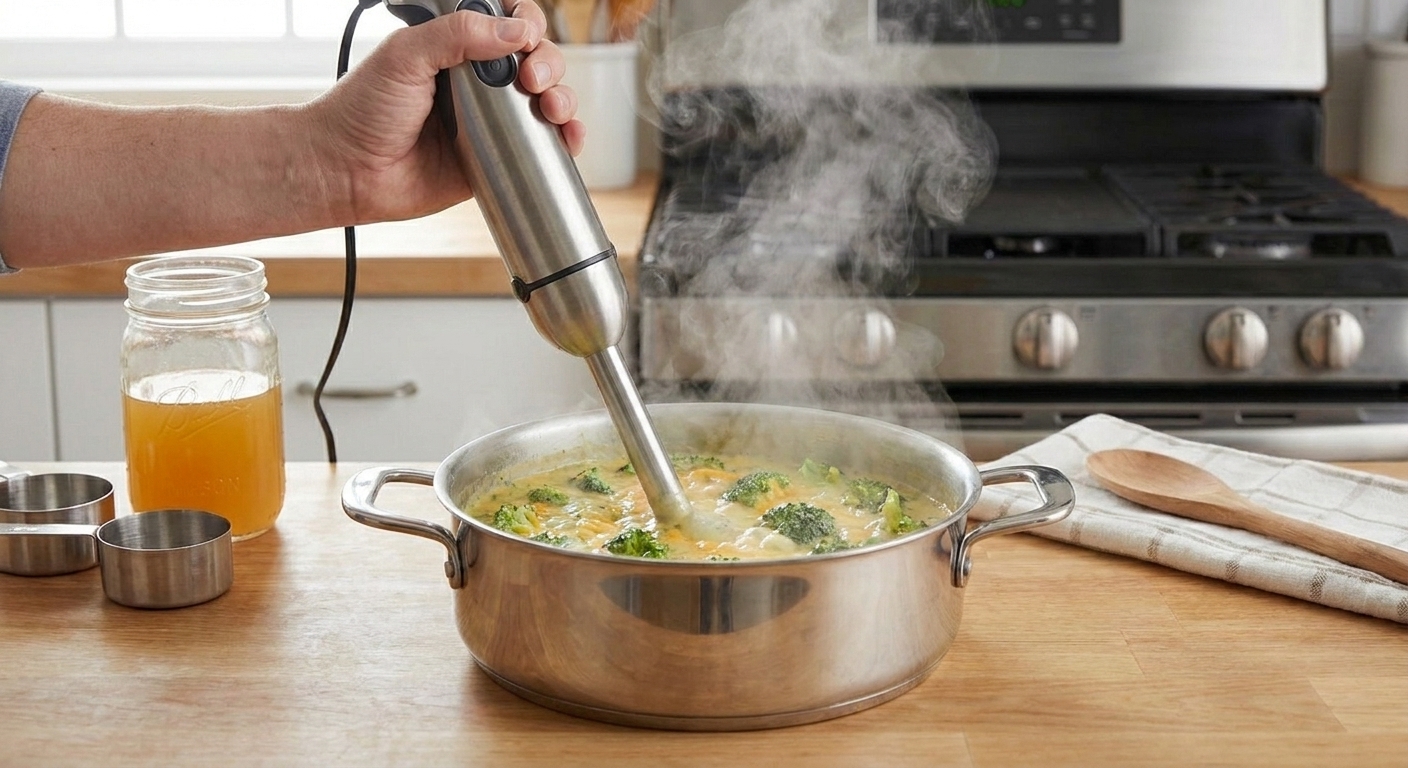 An immersion blender being used in a pot of broccoli cheddar soup on a stovetop, with steam rising