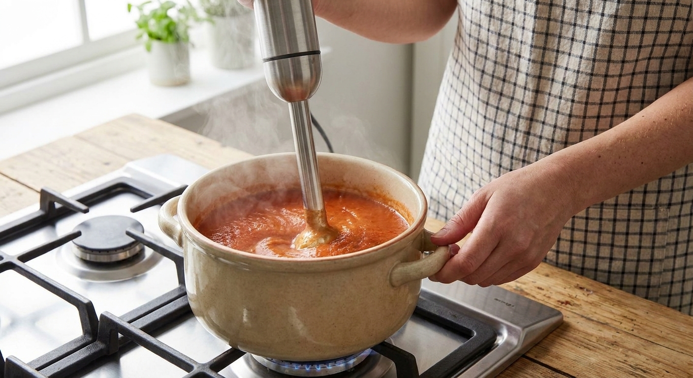 An immersion blender being used in a pot of roasted tomato soup on the stovetop, with steam rising.