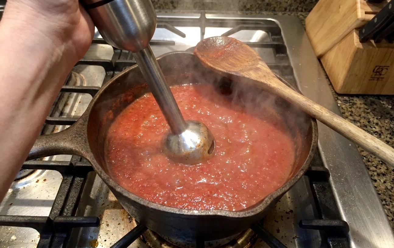 An immersion blender being used in a pot of simmering marinara sauce on a stovetop, with visible steam rising