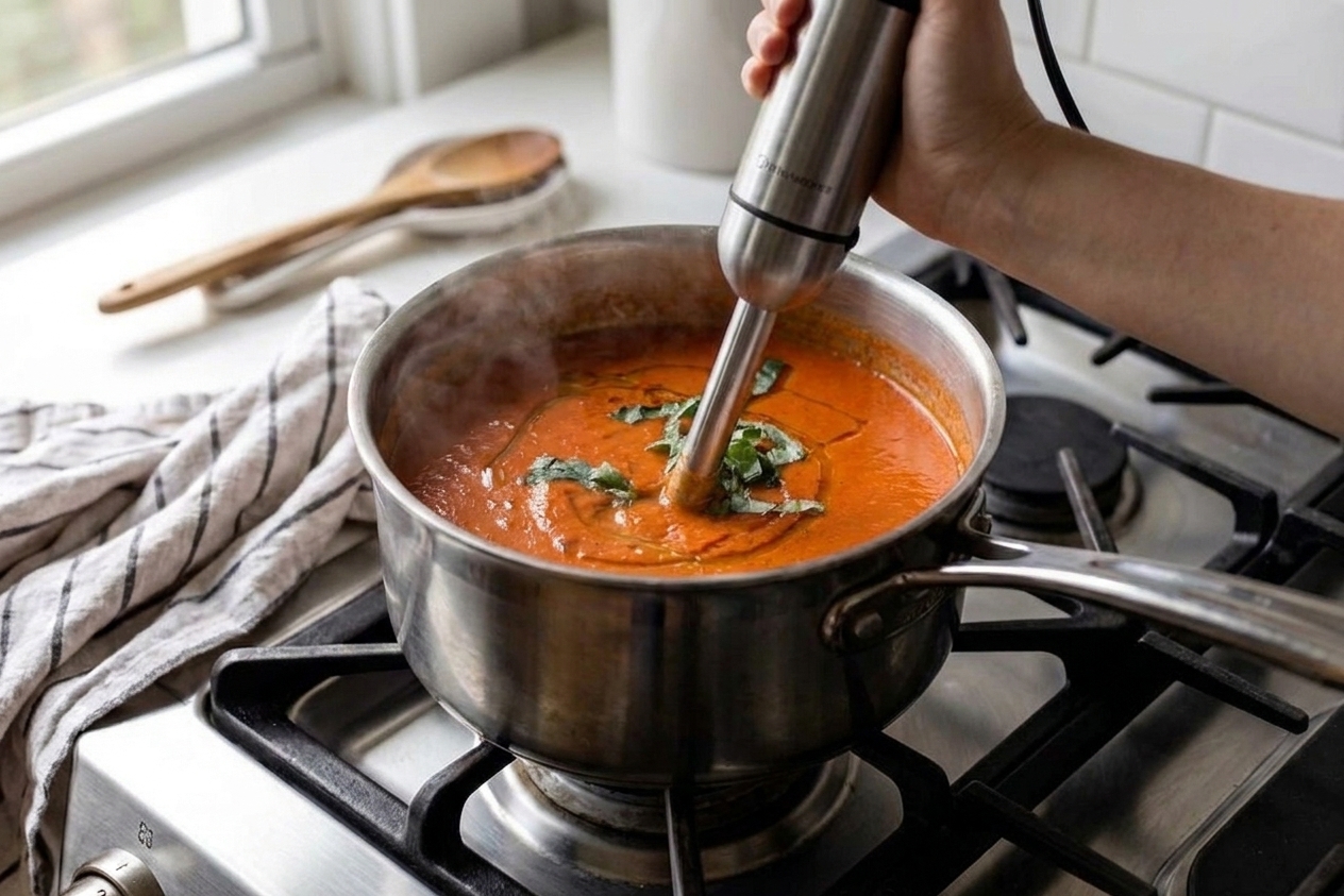 An immersion blender being used in a pot of simmered tomato soup on a stovetop