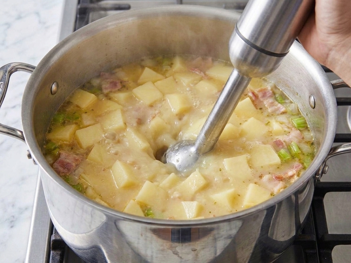 An immersion blender being used in a pot of simmered potatoes and broth on a stovetop, creating a creamy soup base