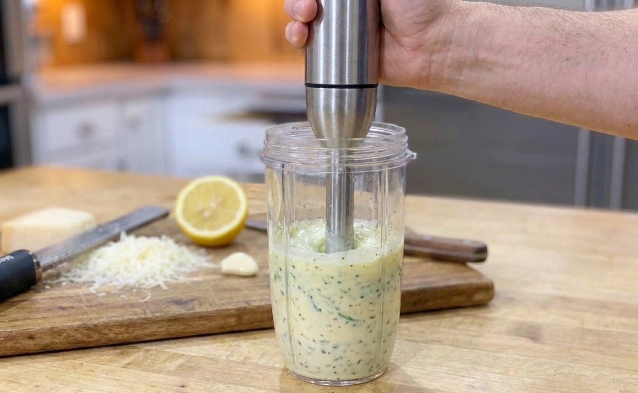 An immersion blender being used in a tall cup to blend creamy Caesar dressing on a bright kitchen counter