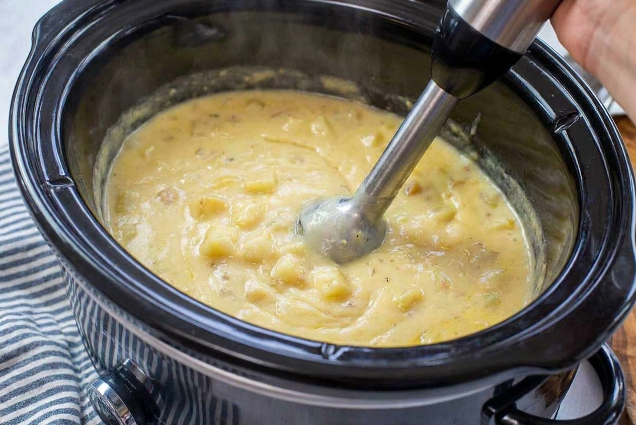 An immersion blender being used inside a slow cooker to partially blend creamy potato soup
