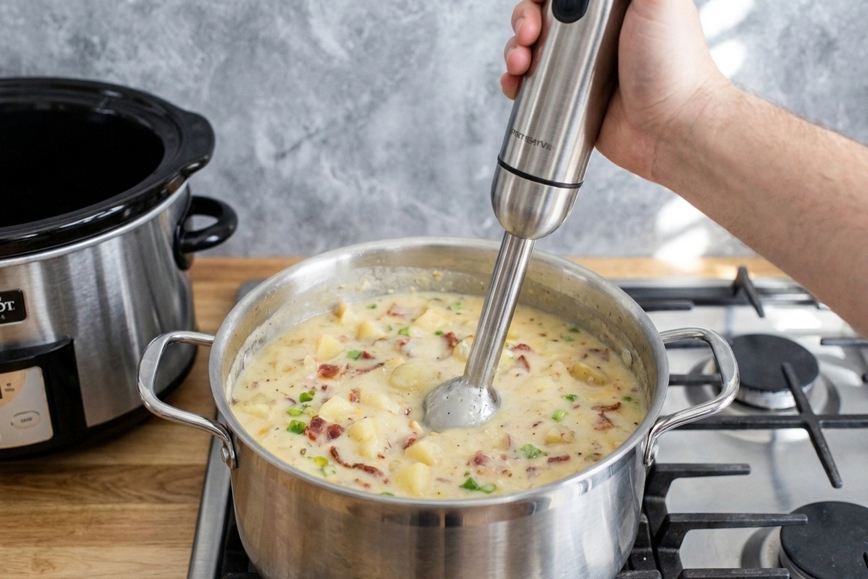 An immersion blender being used to briefly blend potato soup for a creamy but still chunky texture