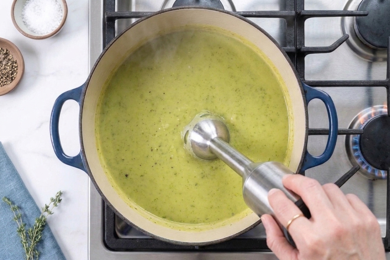 An immersion blender blending a pot of green zucchini soup on a stovetop, with steam rising gently