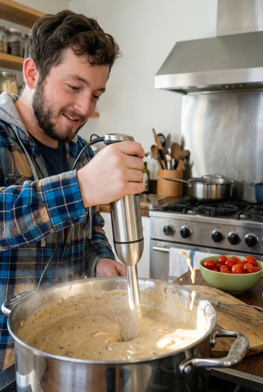 An immersion blender blending creamy mushroom soup in a pot on the stove