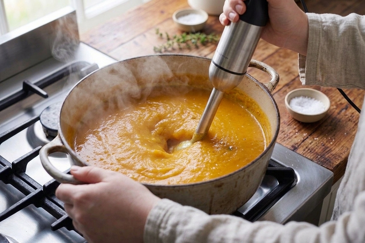 An immersion blender blending hot pumpkin soup in a large pot on the stove