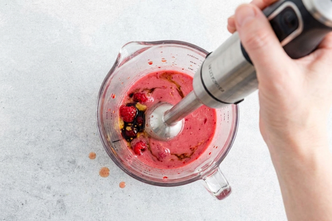 An immersion blender blending raspberries, vinegar, and mustard into a smooth pink vinaigrette in a tall measuring cup
