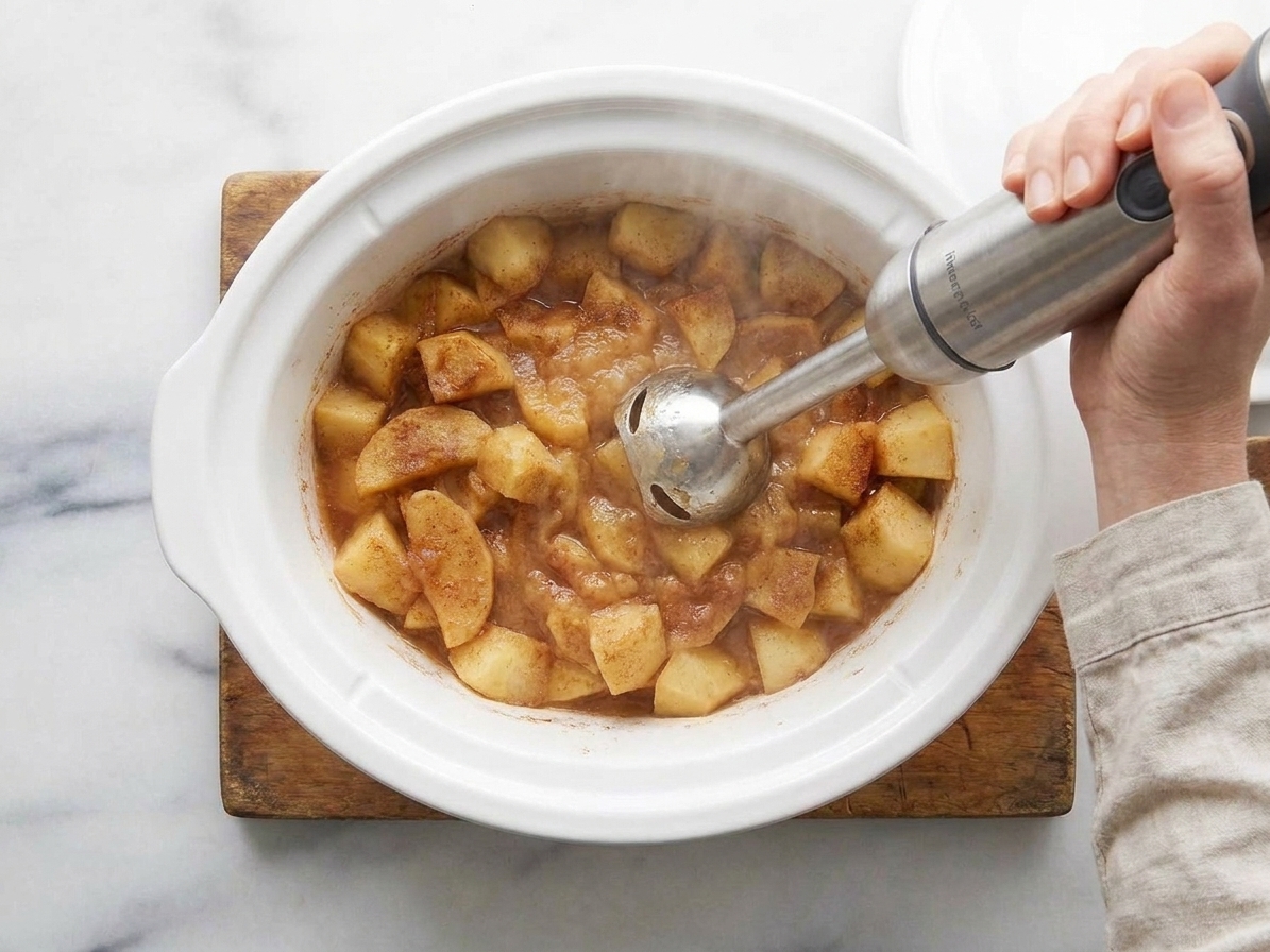 An immersion blender blending softened apples into applesauce inside a slow cooker