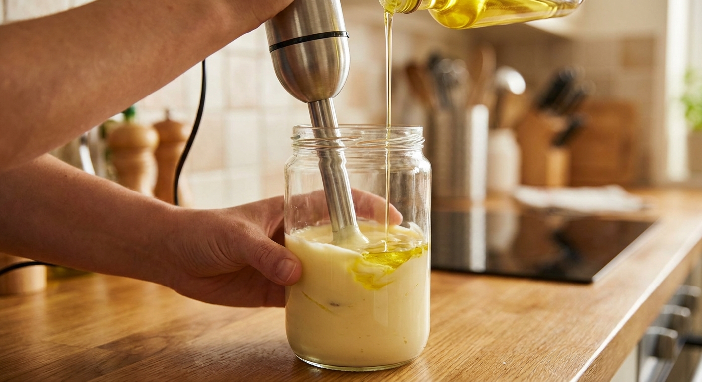 An immersion blender in a tall jar blending pale mayonnaise with a thin stream of oil visible near the surface