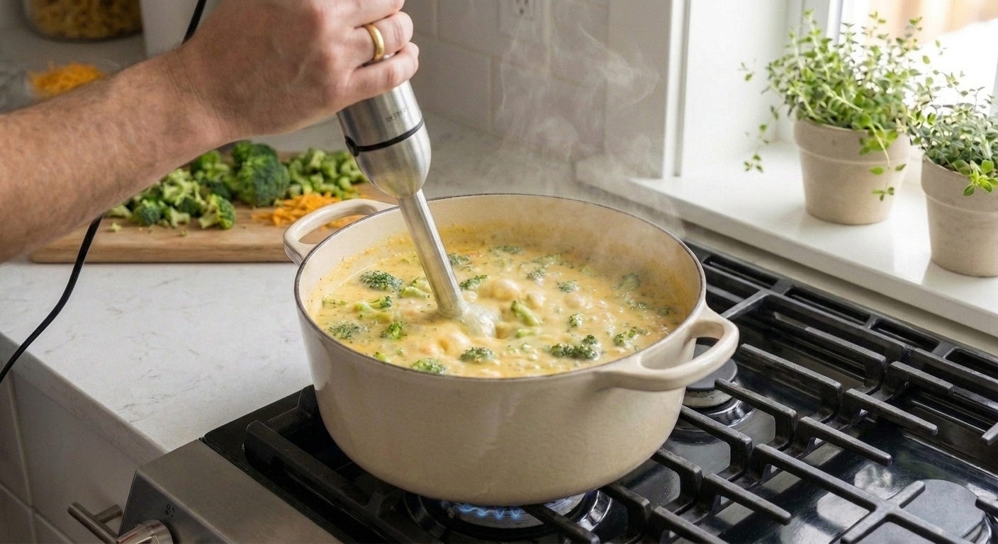 An immersion blender partially blending broccoli cheddar soup in a pot on a stovetop, with small broccoli bits still visible