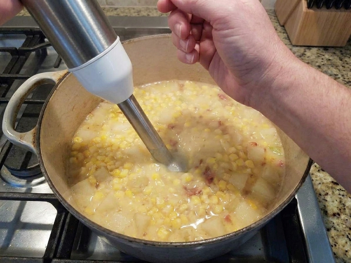An immersion blender partially blending corn chowder in a pot, creating a creamy base while leaving some chunks