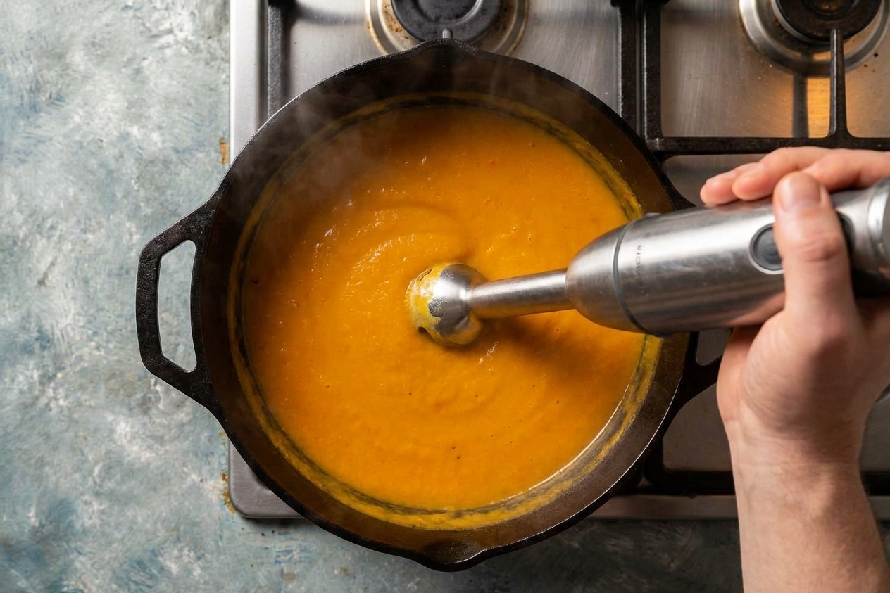 An immersion blender partially submerged in a pot of smooth orange soup on a stovetop, with steam rising