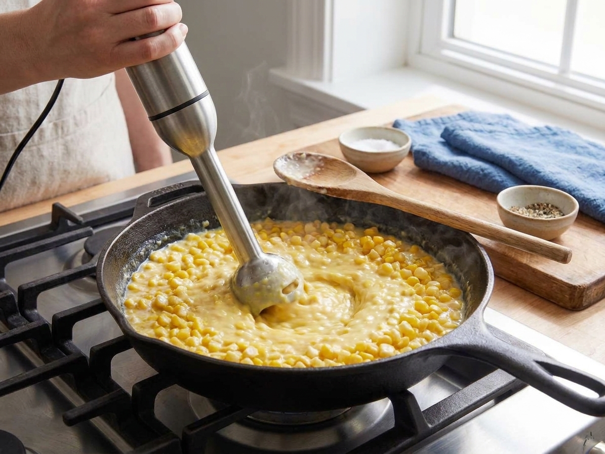 An immersion blender pulsing a portion of creamed corn in a skillet to thicken the sauce while leaving some kernels intact