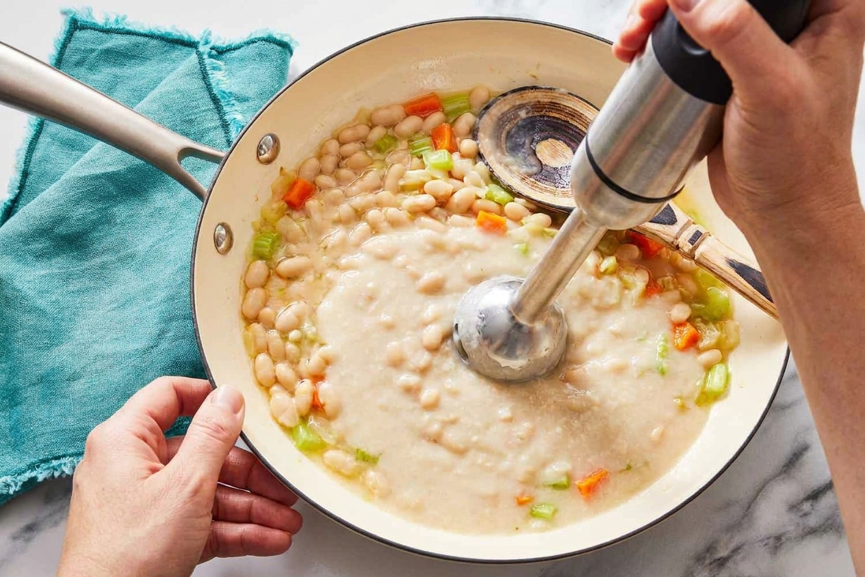 An immersion blender pureeing a portion of navy bean soup in a pot, creating a creamy texture