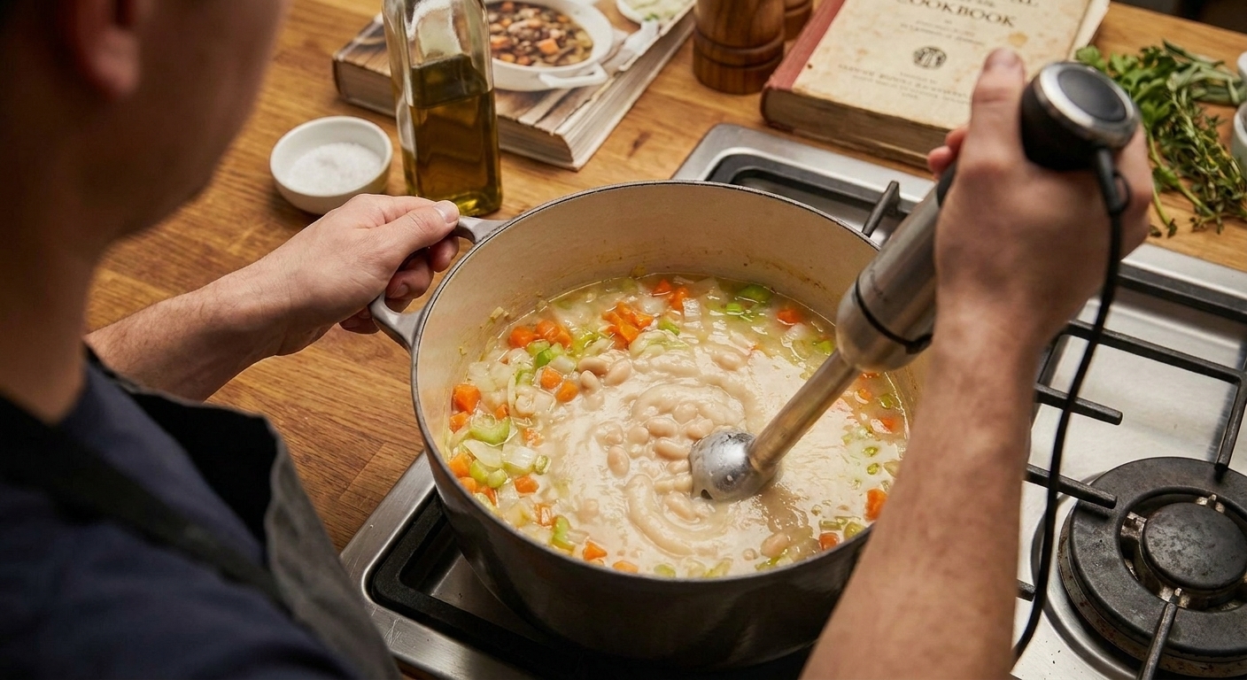 An immersion blender pureeing a portion of white beans and broth inside a Dutch oven to thicken the soup