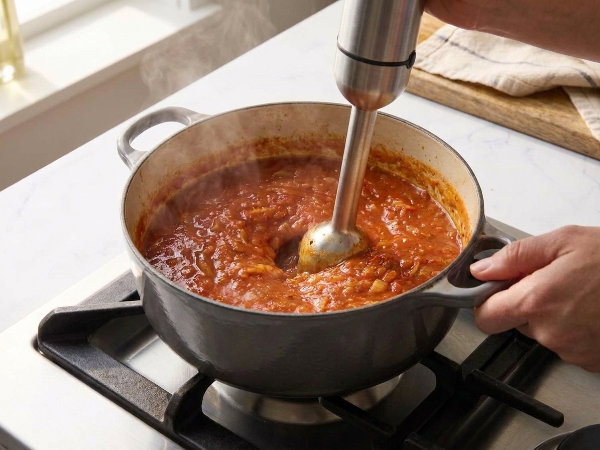 An immersion blender pureeing a simmered tomato spice sauce in a deep pot on the stove