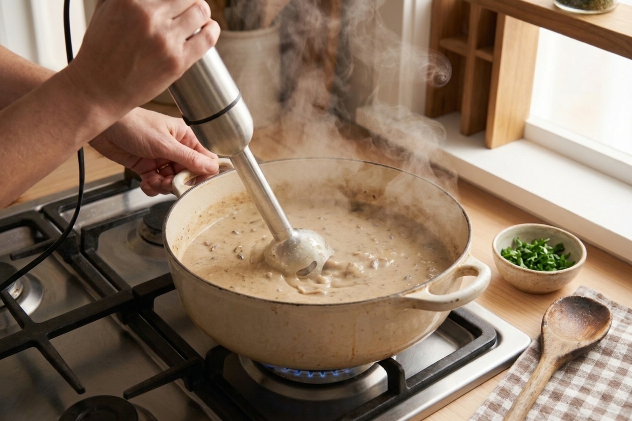 An immersion blender pureeing creamy mushroom soup directly in a pot on a stovetop with steam rising