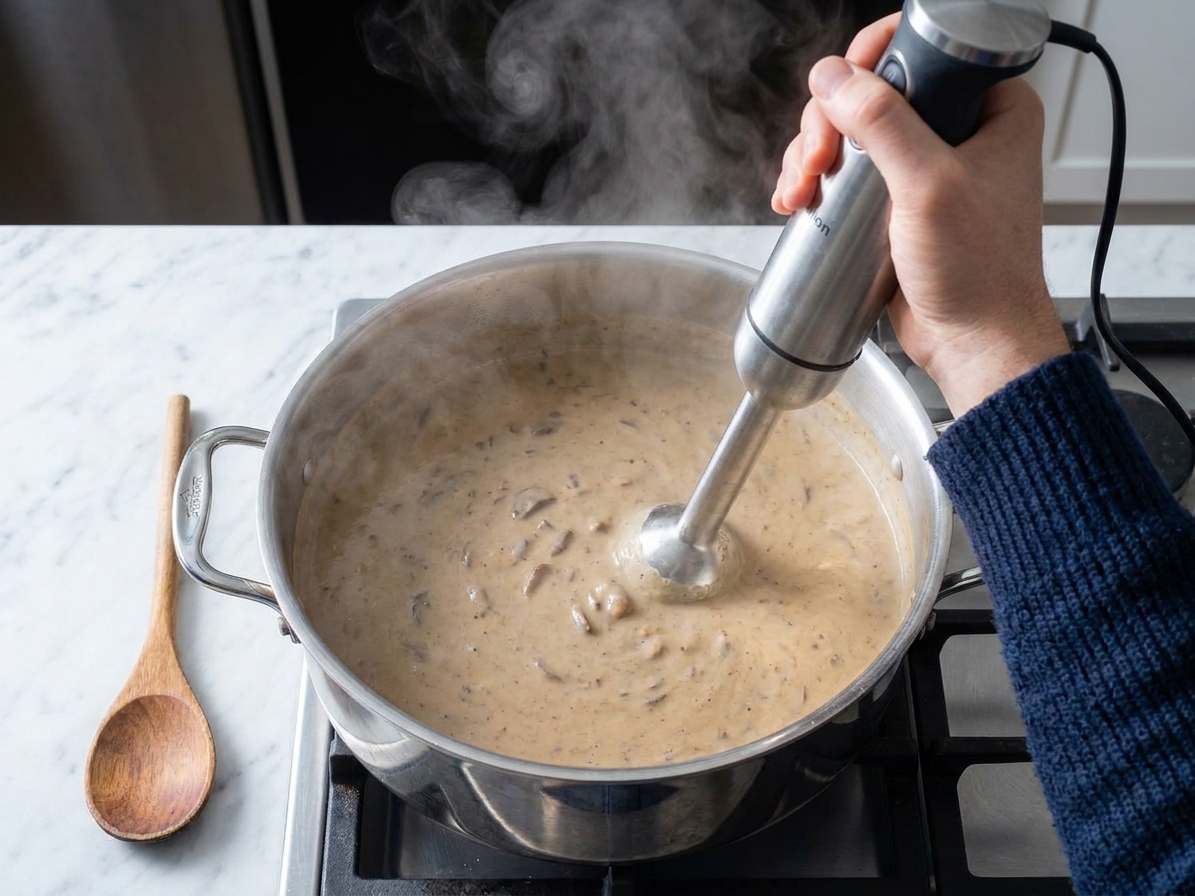 An immersion blender pureeing creamy mushroom soup directly in a pot on the stovetop, with steam rising