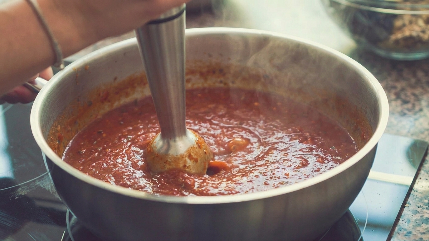 An immersion blender pureeing homemade chili sauce in a saucepan on a kitchen counter