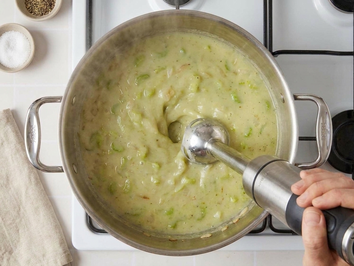 An immersion blender pureeing pale green celery soup directly in a pot on the stove
