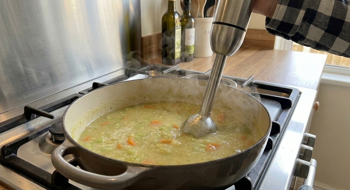 An immersion blender pureeing pale green celery soup inside a pot on a stovetop