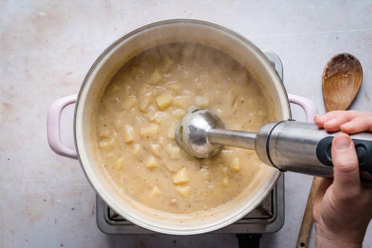 An immersion blender pureeing potato gravy directly in a saucepan on a kitchen counter