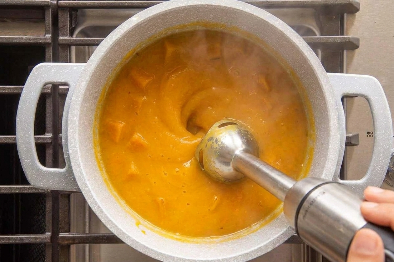 An immersion blender pureeing pumpkin soup in a pot on a stovetop