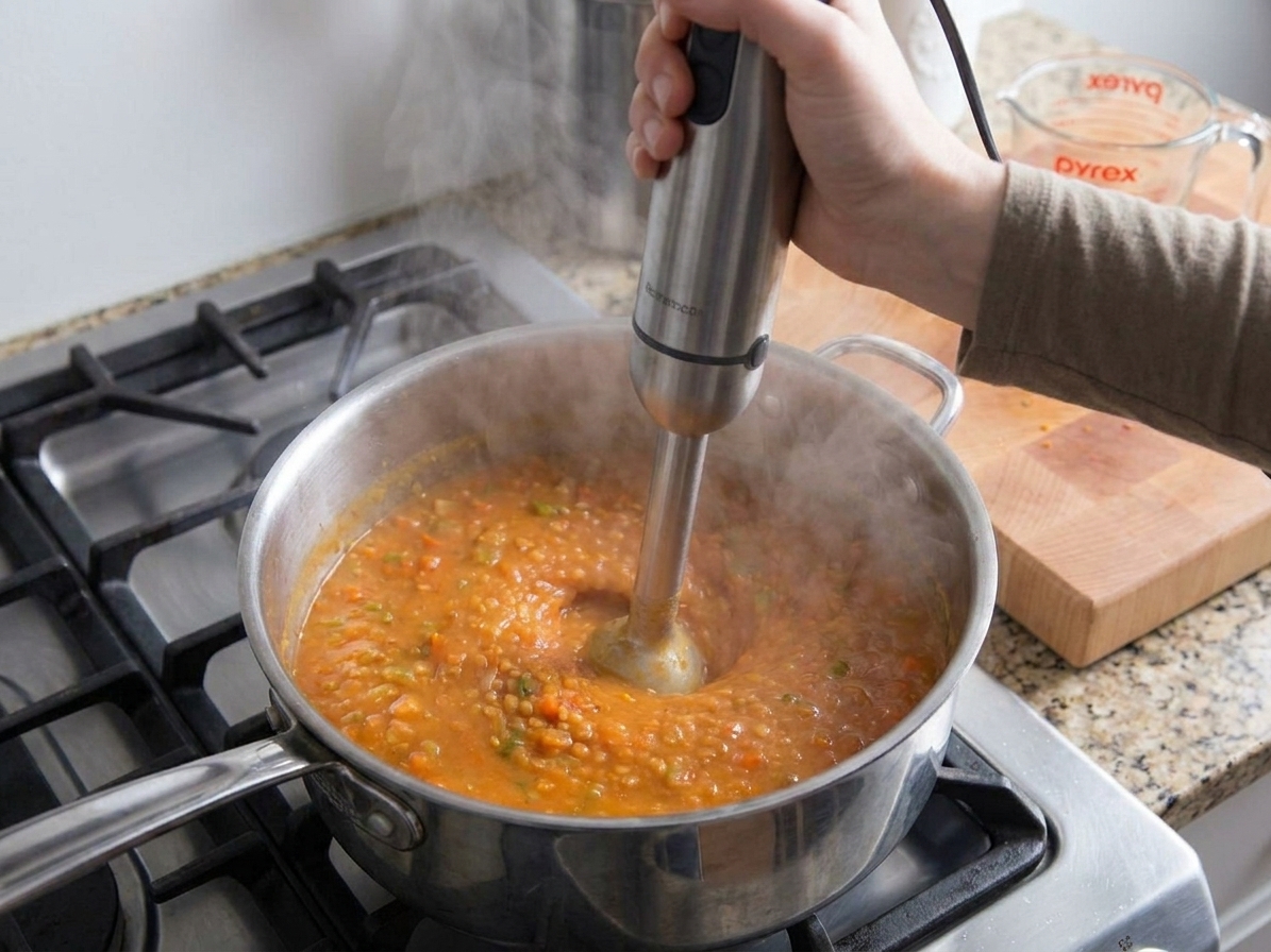 An immersion blender pureeing red lentil soup in a large pot on a stovetop with steam rising