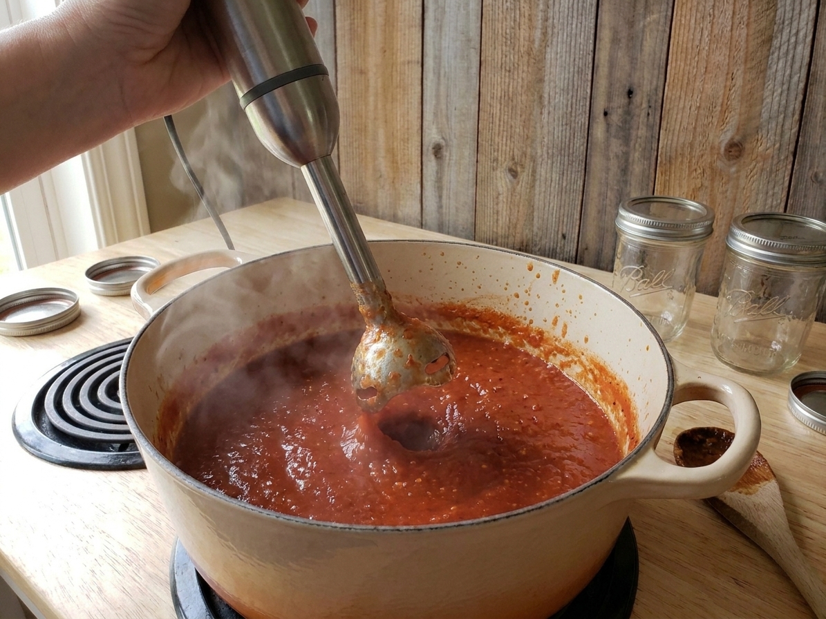 An immersion blender pureeing simmered tomato sauce in a large pot on a stovetop