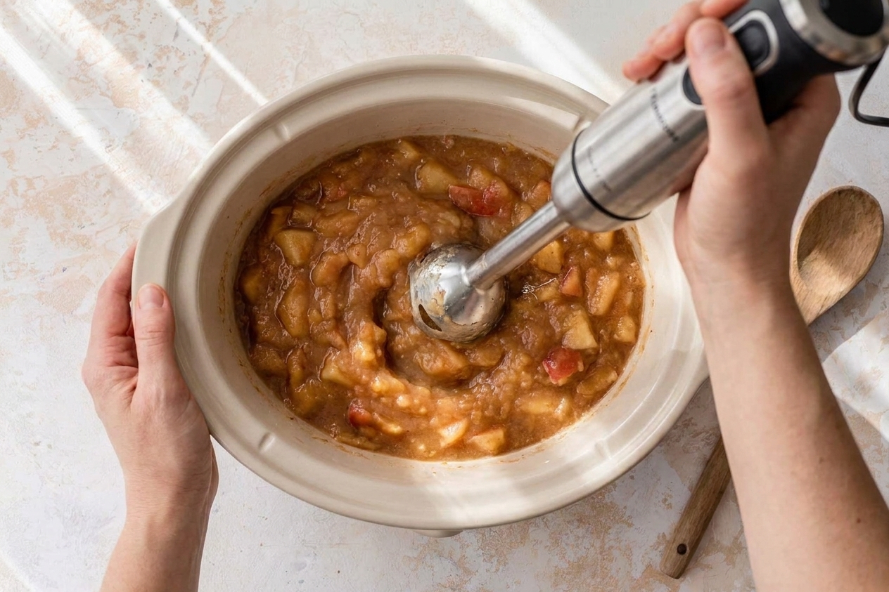 An immersion blender pureeing softened apples inside a slow cooker insert on a kitchen counter