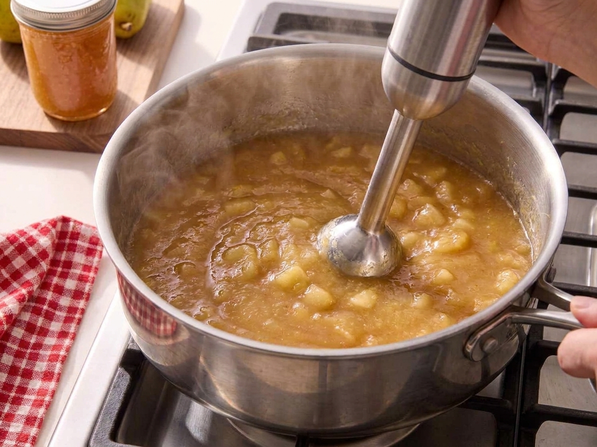 An immersion blender pureeing softened pears into a smooth, thick pear butter inside a pot on a kitchen counter