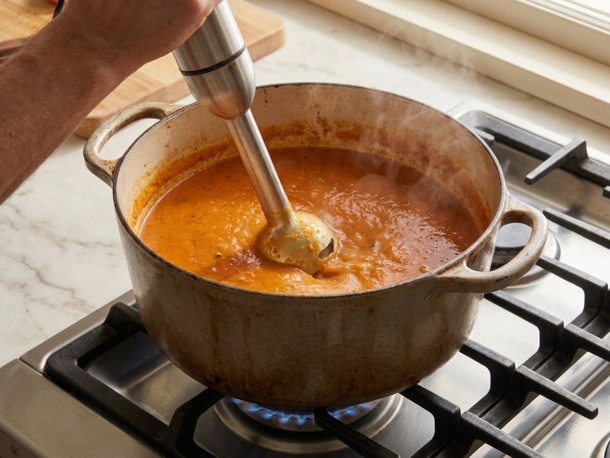 An immersion blender pureeing the bisque directly in the pot on a kitchen counter