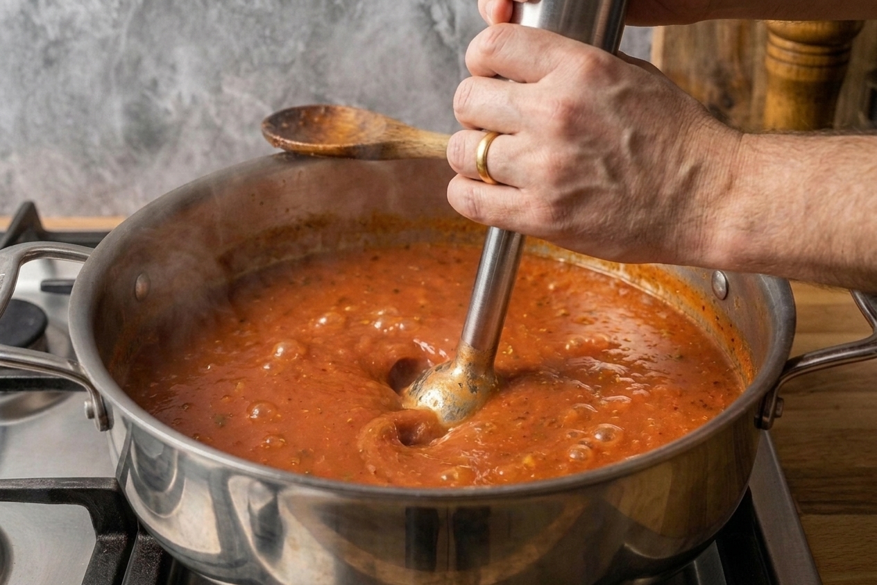 An immersion blender pureeing tomato soup directly in a pot on a stovetop