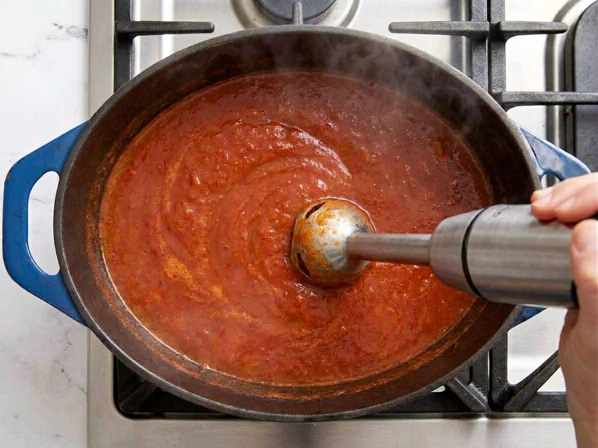 An immersion blender pureeing tomato soup in a pot on a stovetop